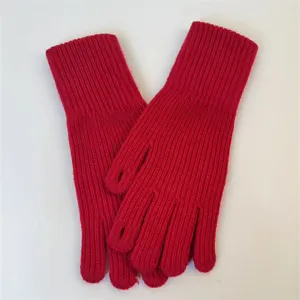 Red knitted warm winter gloves for women, solid color wool gloves with two-finger open design.