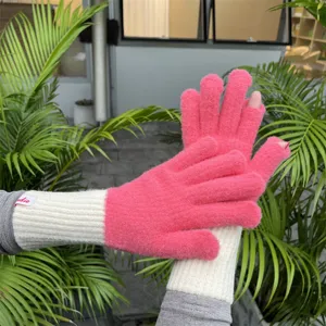 Knitted fingerless gloves for women winter warm long split-finger pink white thermal fashion detail