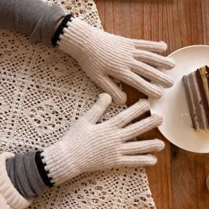 Beige knitted wool gloves for women winter warm touchscreen casual knit mittens cozy