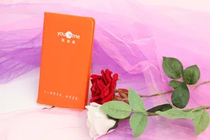 Cuaderno de notas empresarial en piel sintética naranja, vista de detalle para oficina.