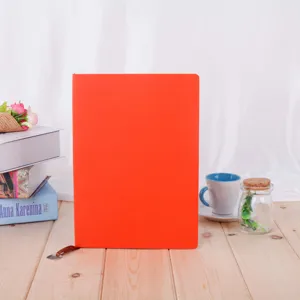 Orange A5 leather notebook for business office, hardcover journal notepad with bookmark.
