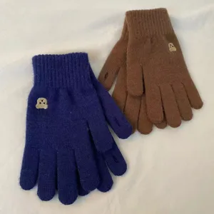 Cozy winter knitted gloves with cute bear embroidery, touch screen split fingers design.