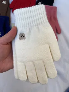Cute knit wool gloves winter warm touchscreen embroidery cute solid color detail