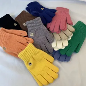 Cozy Knit Winter Touch Screen Gloves with Cute Bear Embroidery Solid Color Warm Gloves