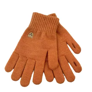 Orange knit gloves with cute bear embroidery, winter warm touchscreen split finger design.