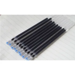 Detailed shot of disappearing pen refills arranged neatly on lined paper for practice.