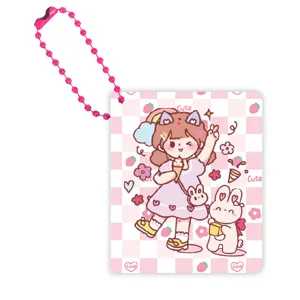 Mini carnet de poche à carreaux roses avec jolie fille animée et chaîne à billes.
