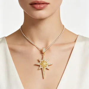 Hip Hop Iced Out Achtpuntige Ster Hanger Ketting Voor Mannen Vrouwen Verguld Koper Strass Zonnebloem Poolster Sieraden Cadeau