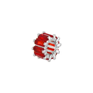 Silver plated jewelry spacer bead featuring vibrant red baguette cut cubic zirconia stones