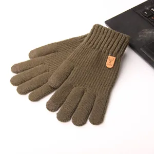 Men winter warm knitted touchscreen gloves solid color outdoor thermal gloves with rib cuff