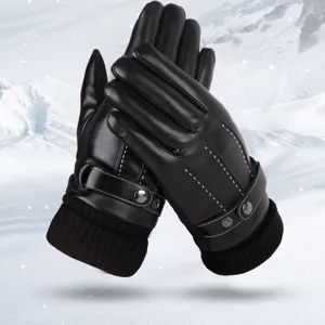 Men's Winter Warm Faux Leather Gloves Thickened Fleece Lined Windproof Cold Proof Outdoor Cycling Driving Gloves