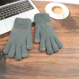 Gants tactiles tricotés chauds pour hommes en gris, design épais thermique double couche.