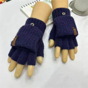 Winter knitted convertible fingerless gloves for men warm wool half finger gloves detail view