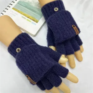 Dark purple knitted half-finger convertible gloves for men and women, cozy winter thermal wear.
