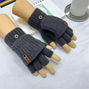 Men's winter dark grey knitted convertible half-finger gloves warm wool thermal writing gloves