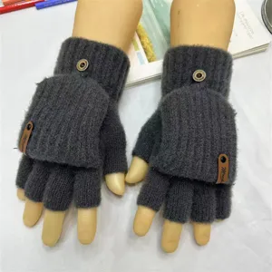 Men winter knit convertible fingerless gloves dark grey thermal warm half finger mittens