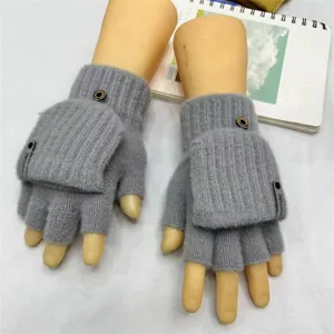 Detail view of men's grey knit half-finger convertible gloves with warm flip top design.