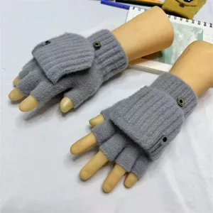 Grey knitted half finger flip cover gloves for winter warmth, soft wool student typing gloves.
