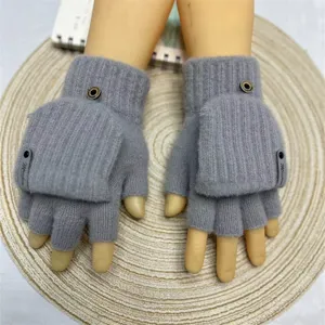Men's winter knitted half-finger convertible warm gloves grey convert flip top woolen mittens