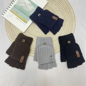 Men's winter knit convertible half-finger gloves warm wool thermal writing text display.