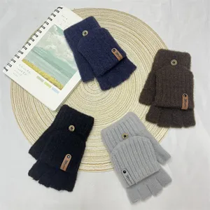 Winter knit half finger convertible gloves for men, warm flip cover design for office work.