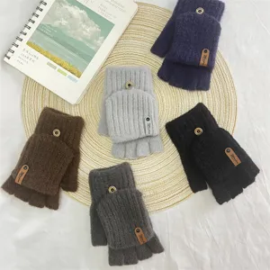 Men winter knit convertible half finger gloves warm fleece lined flip top mittens office writing