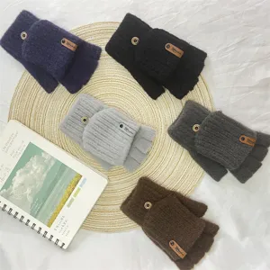 Winter knit convertible half finger gloves warm fleece lined fingerless mittens for office