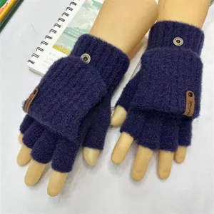 Men winter knit convertible half finger gloves warm fleece thick office writing gloves