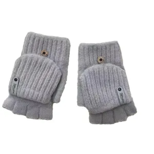 Men grey knit convertible half finger gloves winter warm flip top gloves for office use.