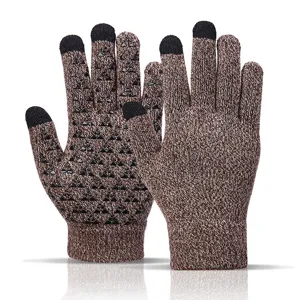 Close-up of winter thermal knitted touchscreen gloves with anti-slip silicone grip palms.