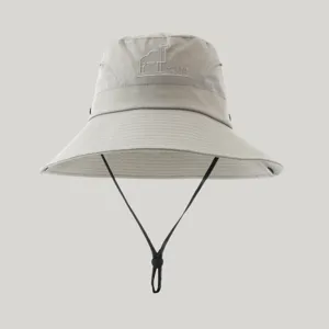 Detailed view of light grey outdoor sun hat with breathable mesh and chin straps.