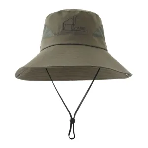 Detail view of the breathable mesh outdoor sun hat with wide brim and adjustable chin cord.