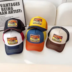 Vintage style mesh baseball hat with retro motorcycle team patch, breathable trucker cap