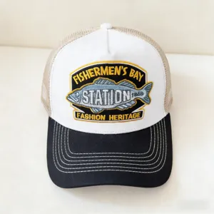 Men women mesh trucker hat baseball cap with embroidered fishing theme and curved brim detail.