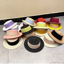 French vintage flat top straw hat women summer woven sun protection beach wide brim sunshade cap