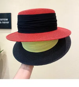 French vintage flat top straw hat summer sun beach wide brim sunhat closeup display