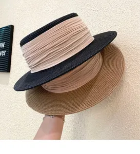 French vintage flat top straw hat detail, summer woven sun protection vacation wide brim hat.