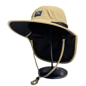 Outdoor wide brim sun protection hat, breathable hiking and fishing cap with neck flap.