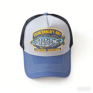 Detailed front view of the embroidered fisherman patch and mesh back on the casual cap.