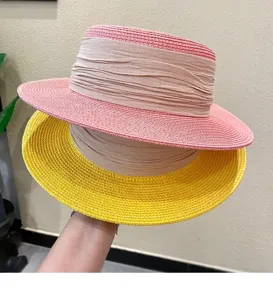 French vintage flat top straw hat detail, summer sun protection wide brim straw hat beachwear