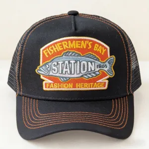 Black vintage mesh trucker hat with embroidered fish logo, breathable summer baseball cap.