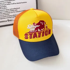 Detailed view of American vintage style baseball cap with breathable mesh and colorful panels.