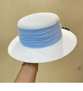 French vintage flat top straw hat with light blue ribbon wide brim sun protection beach hat