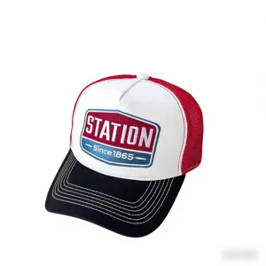 Detailed close-up of a stylish American vintage trucker hat with embroidered patch design.