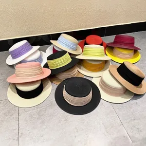 Women's French Vintage Flat Top Straw Hat Summer Beach Vacation Wide Brim Sun Hat Foldable Casual Sunshade Hat