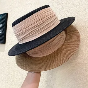 French vintage flat-top straw hat for women, summer woven sun protection vacation wide brim hat