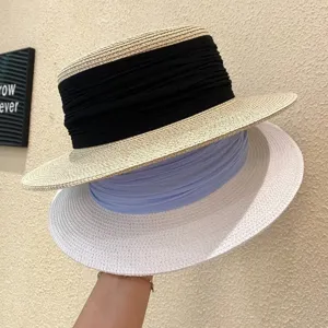 French vintage flat top straw hat summer wide brim sun protection beach vacation fedora hat