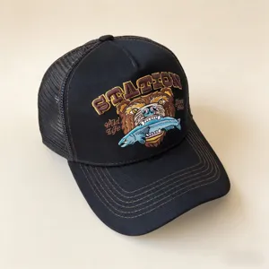 American style animal series mesh baseball cap with embroidered bear and fish design.