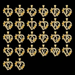18K Vergoldeter Kupfer Herz Alphabet Anhänger Halskette Zirkonia Initial Buchstabe Blume Hohl Anhänger Schmuck Für Damen