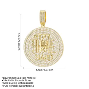 Hip hop iced out round pendant with STAY HUMBLE HUSTLE HARD text and dimensions.